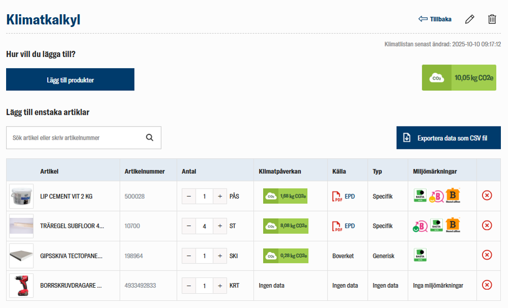 nomenu Klimatkalkyl hos Haninge Byggshop som visar klimatdata för byggprodukter med källa och miljömärkning.