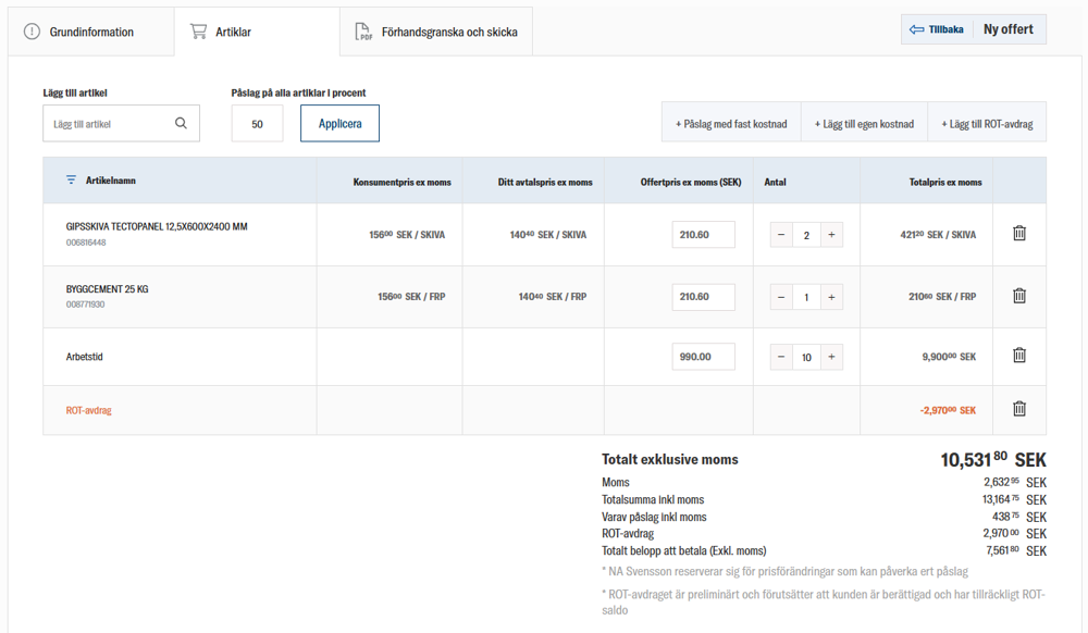 nomenu Offertverktyg hos Haninge Byggshop som visar produktlista, priser och ROT-avdrag.