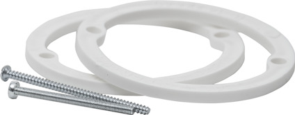 Två vita, ovala plastkomponenter med skruvhål, tillsammans med två silverfärgade skruvar.