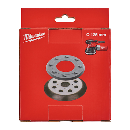 Röd kartongförpackning med Milwaukee-logotyp, bild på en slipplatta och en slipmaskin, samt texten "Ø 125 mm".