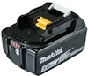Svart Makita 18V 5.0 Ah litiumjonbatteri med indikator och vitt handtag.