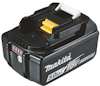 Svart Makita-batteri med texten "18V 5.0Ah Lithium-Ion", gul kontakt och vit detalj upptill.