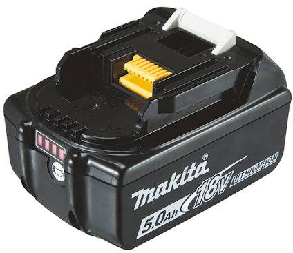 Svart Makita-batteri med texten "18V 5.0Ah Lithium-Ion", gul kontakt och vit detalj upptill.