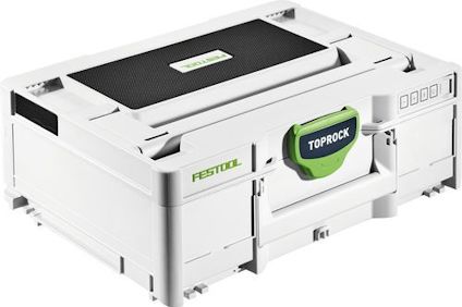 Vit Festool-verktygslåda med inbyggda högtalare, etikett "TOPROCK" på framsidan.