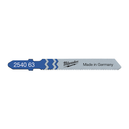 Sticksågblad med blå/vit etikett, text "2540 63", "Milwaukee", "Made in Germany".