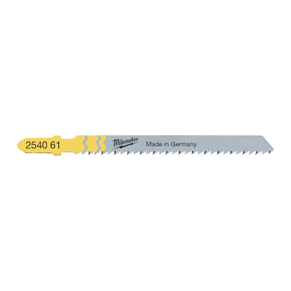 Sticksågblad med gul och grå färg; text: "2540 61", "Milwaukee", "Made in Germany".