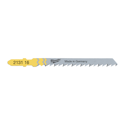 Sticksågblad med gul och grå färg, text "2131 16" och "Made in Germany". Märkt "Milwaukee".