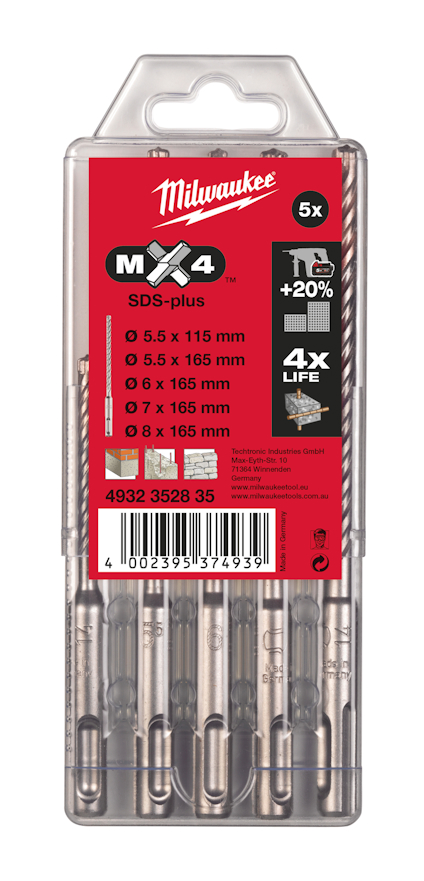 Förpackning med fem SDS-plus borr från Milwaukee, etikett med logotyp och produktinformation.