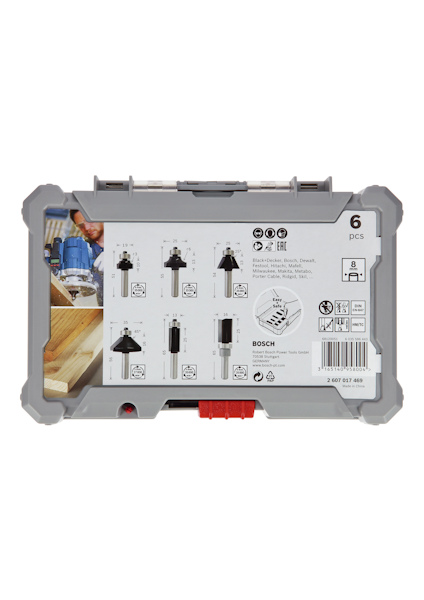 Grå förpackning med Bosch-logotyp innehållande 6 st bits. Bilder och specifikationer av bitsen visas på förpackningens baksida.