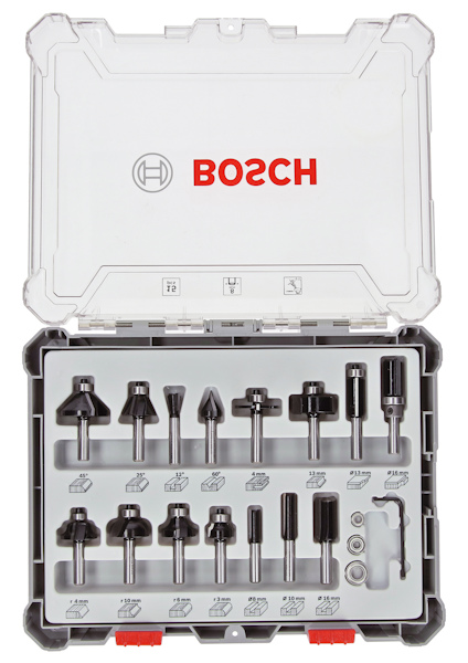 Förvaringslåda med 15 stycken blandade frässtål. Bosch-logotyp på locket.