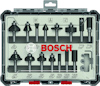 Verktygslåda med 15 st Bosch fräsbits och illustrationer av deras profiler.