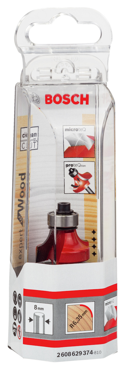 Förpackning med en Bosch 8 mm träfräs med Carbide-teknik och text om precisionsskärning.