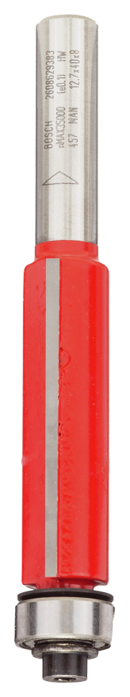 Cylindrisk verktyg med röd kropp och metalliska ändar, en inre skärdel och lager vid basen.