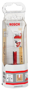 Förpackning med Bosch fräsbit för trä, 8 mm, röd färgindikator, produktkod 2608629358.