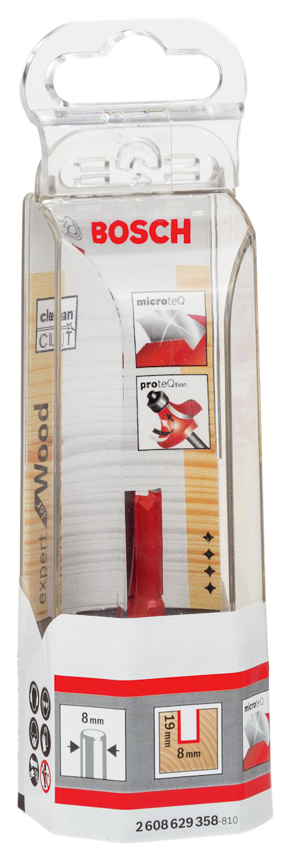 Förpackning med Bosch fräsbit för trä, 8 mm, röd färgindikator, produktkod 2608629358.