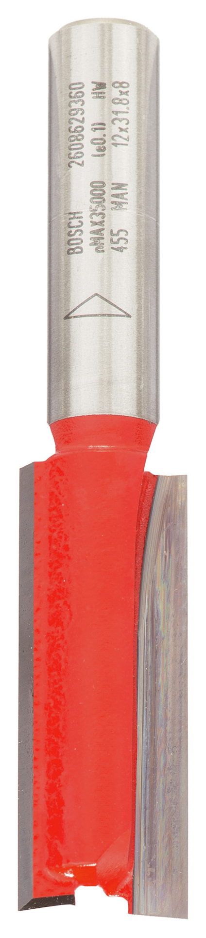 Metalliskt skärverktyg med röd beläggning på en del av bladet, cylindrisk silverfärgad fäste.