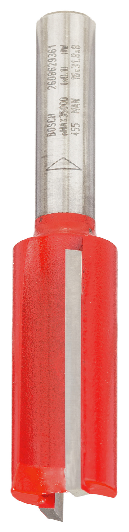 Metallborr med rött plasthandtag och synlig text ingraverad på skaftet.