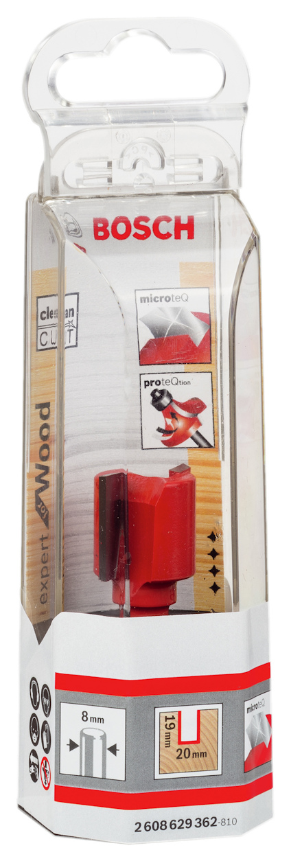 Förpackning med Bosch skärverktyg för trä, 8 mm, 20 mm skärområde, med produktbilder och detaljerad information.