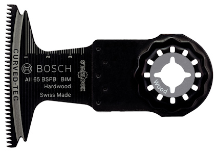 Sågblad med texten "BOSCH AII 65 BSPB BIM Hardwood Swiss Made" och en fokusering på STARCLOCK-fästet samt "Wood"-markering.