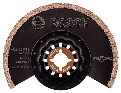 Runt sågblad med karbidkant, svart mittdel med logotyper och texten "BOSCH", "Grout", "Abrasive", "Carbide".