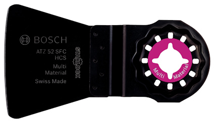 Svart skrapblad med Bosch-logotyp och text "ATZ 52 SFC HCS Multi Material Swiss Made".