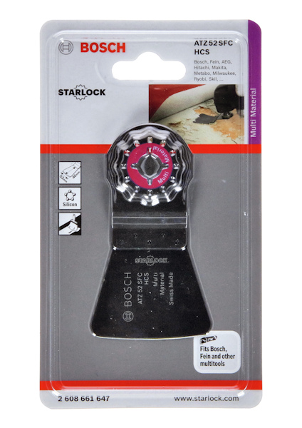 Förpackning med Bosch Starlock ATZ 52 SFC HCS-skrapblad, kompatibelt med flera verktyg och avsett för olika material.