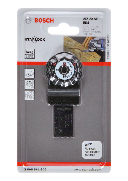 Blad för oscillerande verktyg, Bosch Starlock AIZ 20 AB, för trä och metall, i förpackning.