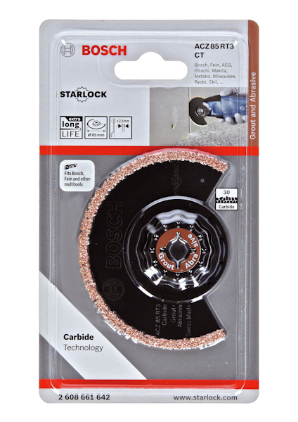 Förpackning med Bosch ACZ 85 RT3 CT Starlock sågblad, detaljerad med text och logotyper, inklusive teknik och livslängd.