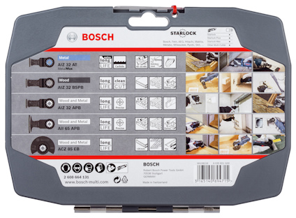 Bosch pnevärktygssätsförpackning med bilder och information om användningsområden för metall, trä och metallkombinationer.
