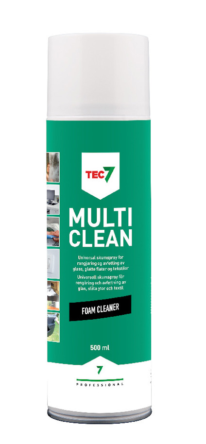Vit sprayburk med grön etikett. Texten "TEC7, MULTI CLEAN, FOAM CLEANER, 500 ml" syns.