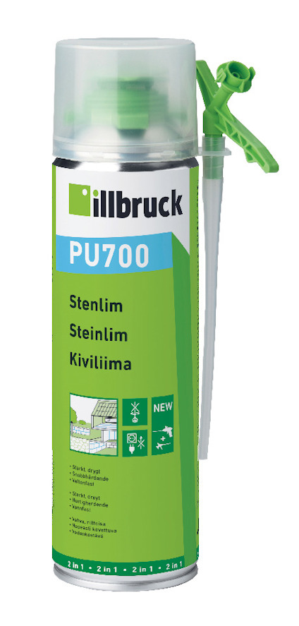 Sprayflaska med grön etikett märkt "illbruck PU700", med en fastsatt applikator på sidan.