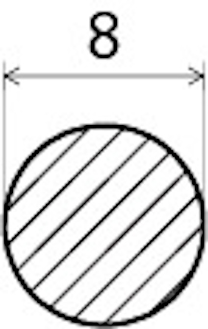 Cirkelformad tvärsnittsritning med lutande streck och text "Ø 8" ovanför.