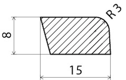 Tvärsnitt av en form med måtten 8x15 mm och en radie på 3 mm markerad.