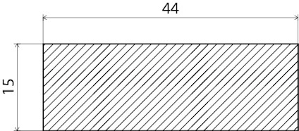 Rektangel med diagonala linjer, måttangivelser 44 och 15.