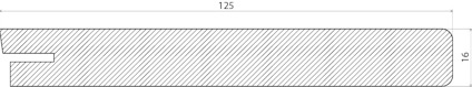 Teknisk ritning av en rektangulär platta med måtten 125 x 16 och ett skårat hörn.