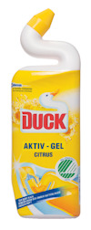 Flaska med WC-rengöring, märkt "Duck AKTIV-GEL CITRUS" med en gul etikett och gul kork.