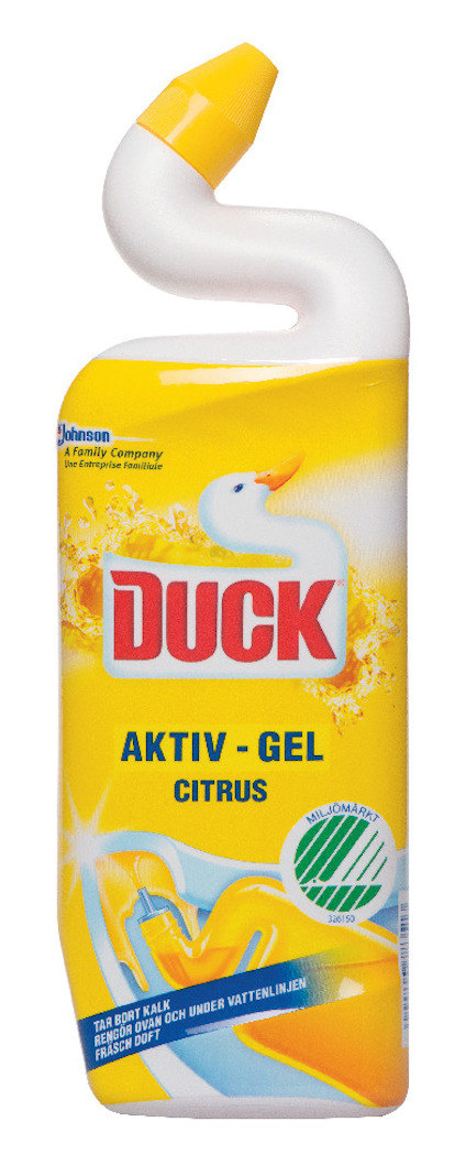 Flaska med WC-rengöring, märkt "Duck AKTIV-GEL CITRUS" med en gul etikett och gul kork.