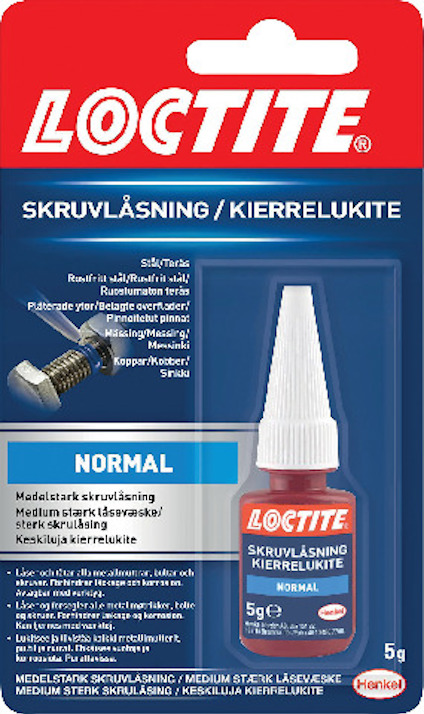 Förpackning av Loctite skruvlåsning 5g, med text på flera språk och bild av en flaska samt en skruv.