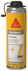 Gul och silver sprayburk märkt "Sika Boom Cleaner" med röd Sika-logotyp, munstycke och text på flera språk.