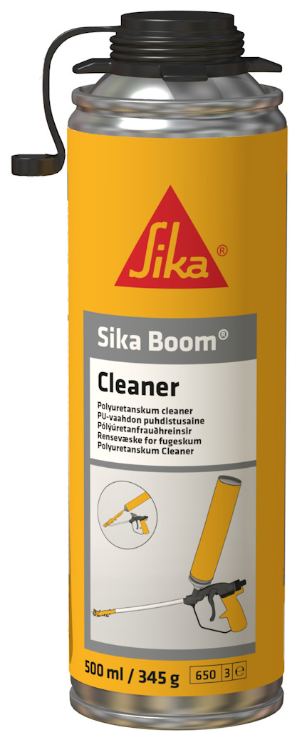 Gul och silver sprayburk märkt "Sika Boom Cleaner" med röd Sika-logotyp, munstycke och text på flera språk.
