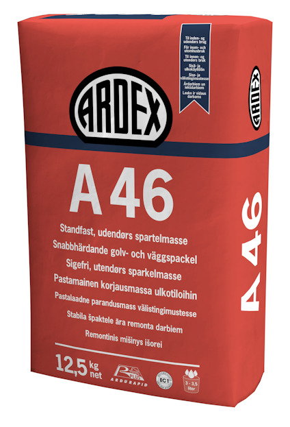 Röd och vit förpackning märkt "ARDEX A46", innehållande snabbhärdande golv- och väggspackel, 12,5 kg.