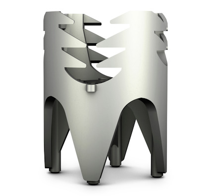 Cylindrisk, metallisk komponent med sicksack-formade öppningar och fyra nedåtriktade ben.