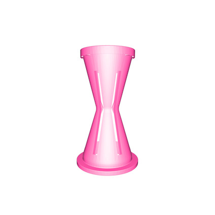 Rosa plastskyddsknopp med insvängd midja och slitsar, mot svart bakgrund.