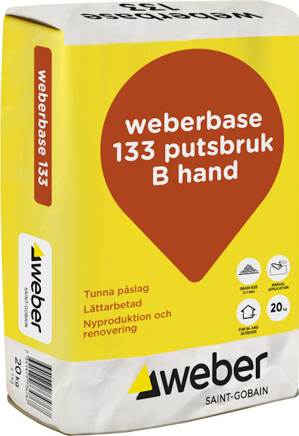 Förpackning av weberbase 133 putsbruk B hand, med gul och vit design samt produktinformation på svenska.