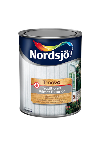 Burk med Nordsjö Tinova Traditional Primer Exterior, vit etikett med logotyp och text i blått och orange.