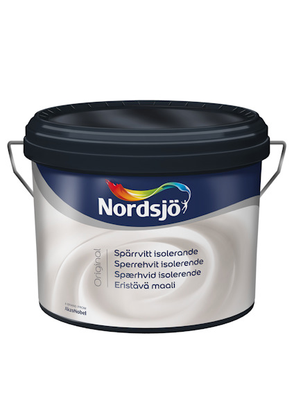 Plåthink med Nordsjö Logotypen och texten "Spärrvitt isolerande" på etiketten.