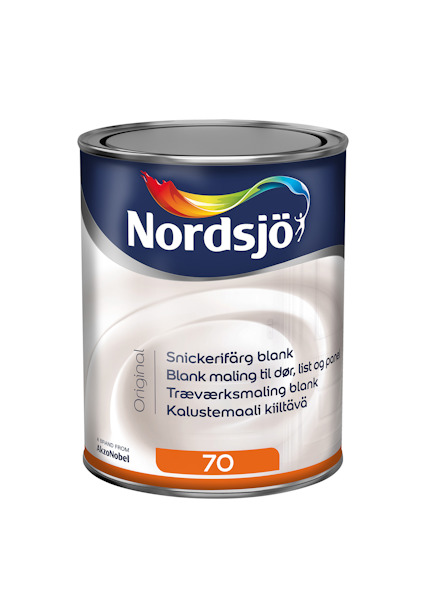 Nordsjö snickerifärg original, blank vit burk med färgkod 70 och AkzoNobel-logotyp.