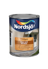Färgburk med etikett "Nordsjö Tinova Door and Window". Burken står framför ett hus med dörr och fönster.