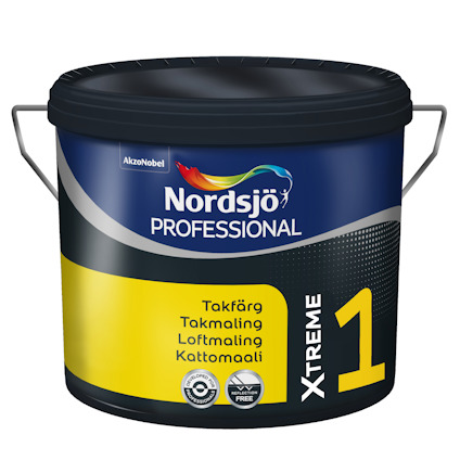Färgspann med text "Nordsjö Professional Xtreme 1" och "Takfärg". Svart lock och handtag på sidorna.
