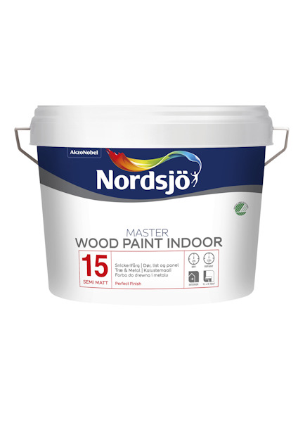 Vit färgburk med etikett "Nordsjö Master Wood Paint Indoor".